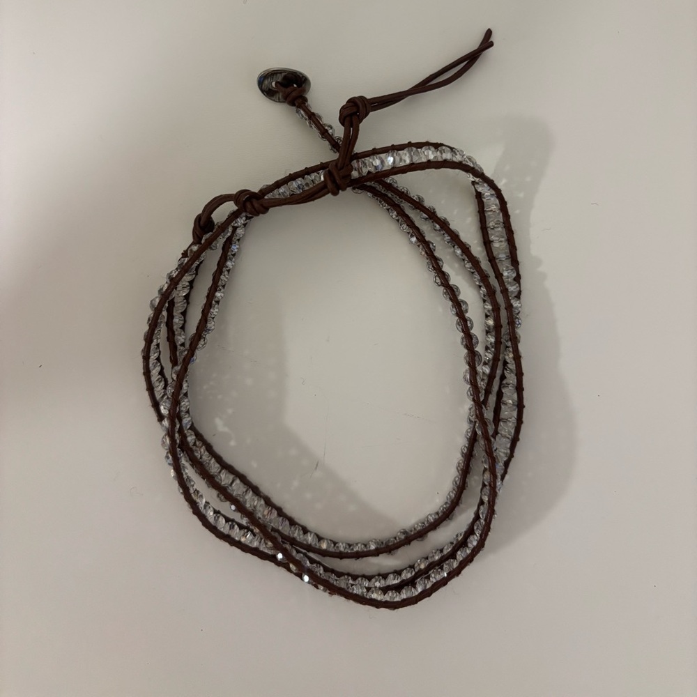 Victoria Emerson Brown Leather Wrap with Clear Bead Accents
